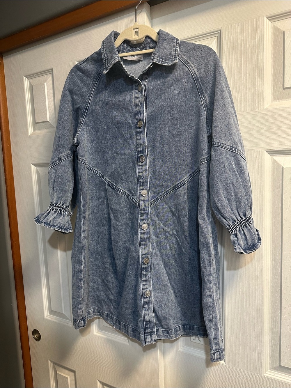 Light Blue Denim Mini Shirt Dress with Button Front